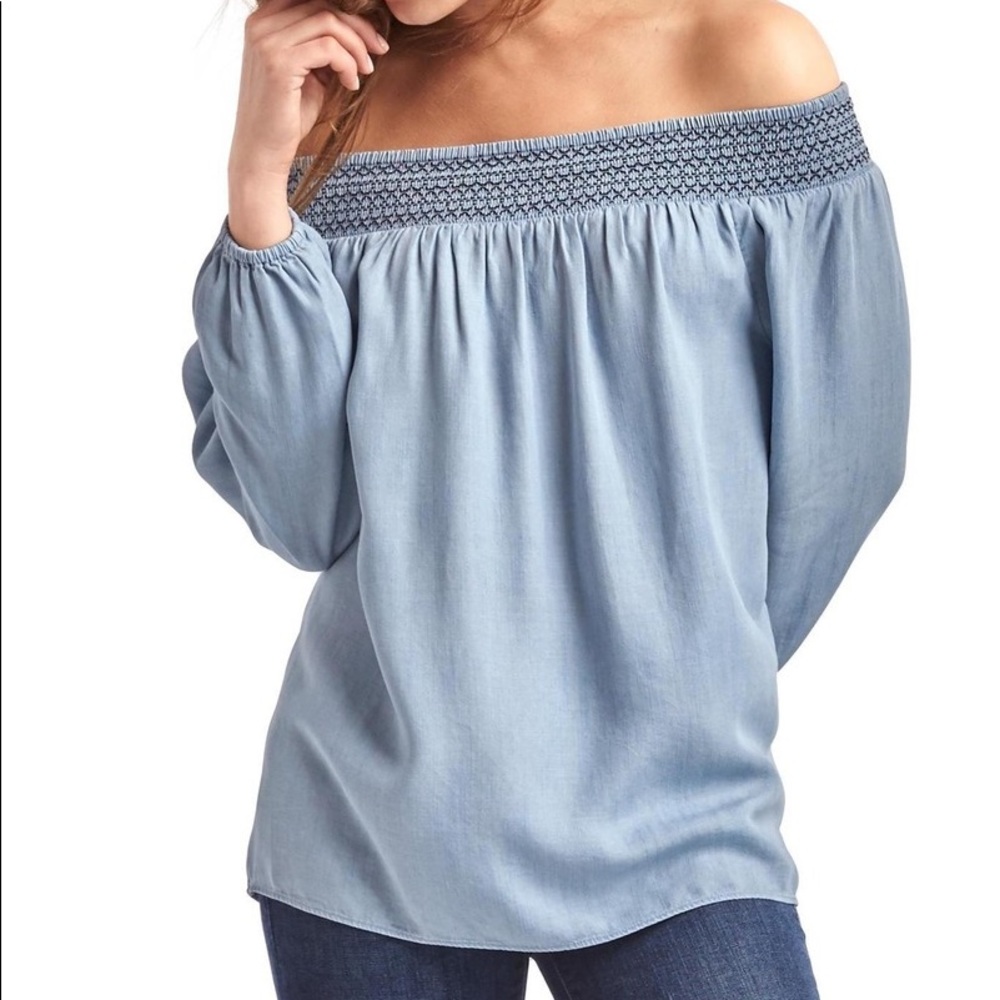NWT Gap Tencel Smocked Blue Off The Shoulder Shirt